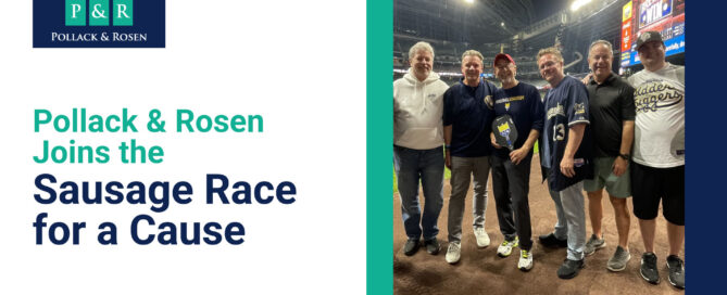 Pollack & Rosen participates in the Milwaukee Brewers Sausage Race to support community and veteran charities. Graphic features the Italian Sausage mascot at American Family Field with logos of supporting organizations.