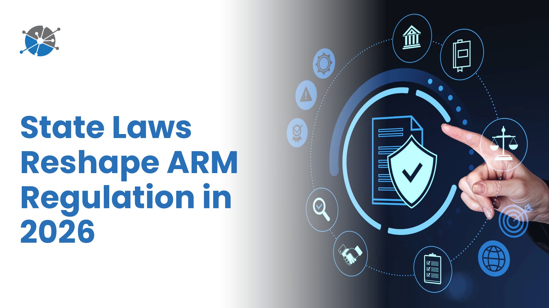 Illustration of a U.S. map with connected digital lines and regulatory icons representing evolving state-level privacy and debt collection laws impacting ARM compliance.